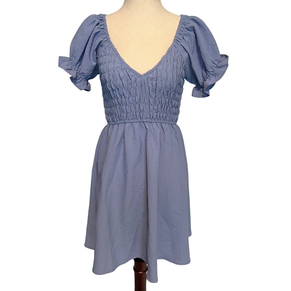 Vestique Women S Mini Dress Smocked Bodice Puff Sleeve Blue Cottagecore Coquette